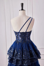 Navy Blue One-Shoulder Prom Dresses Sleeveless Tulle Sequined A-Line with Appliques