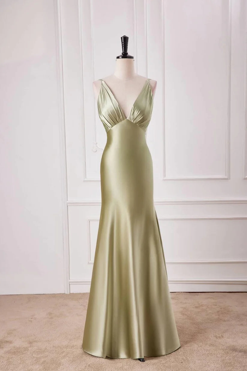 Elegant V-Neck Sleeveless Mermaid Satin Long Prom Dresses