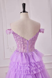 Lilac Off-The-Shoulder Sweetheart A-Line Tulle Prom Dresses with Ruffles