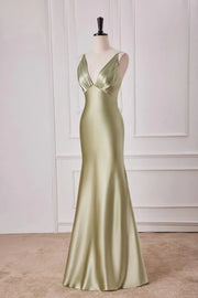 Elegant V-Neck Sleeveless Mermaid Satin Long Prom Dresses