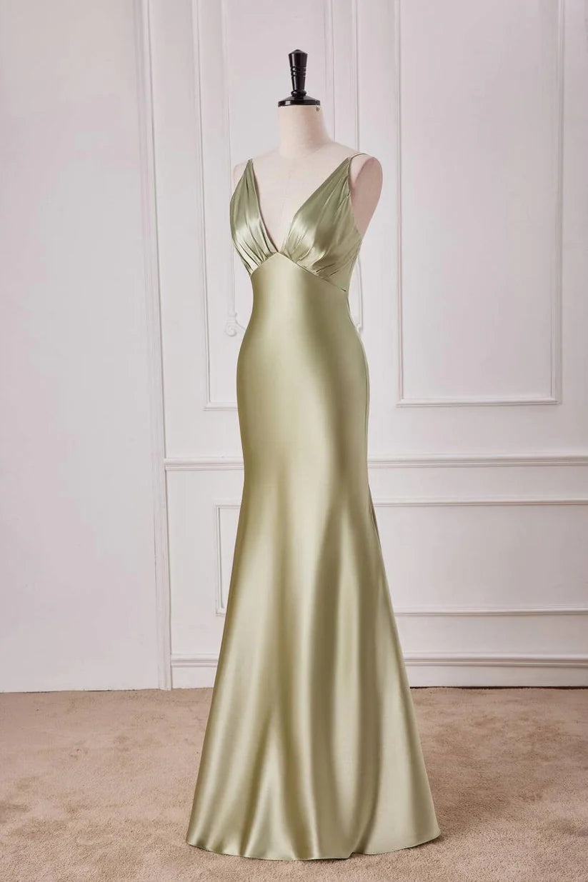 Elegant V-Neck Sleeveless Mermaid Satin Long Prom Dresses