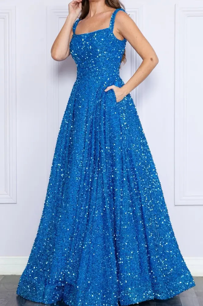 Ocean Blue Luxurious Square Neck Sleeveless Sequined A-Line Prom Dresses
