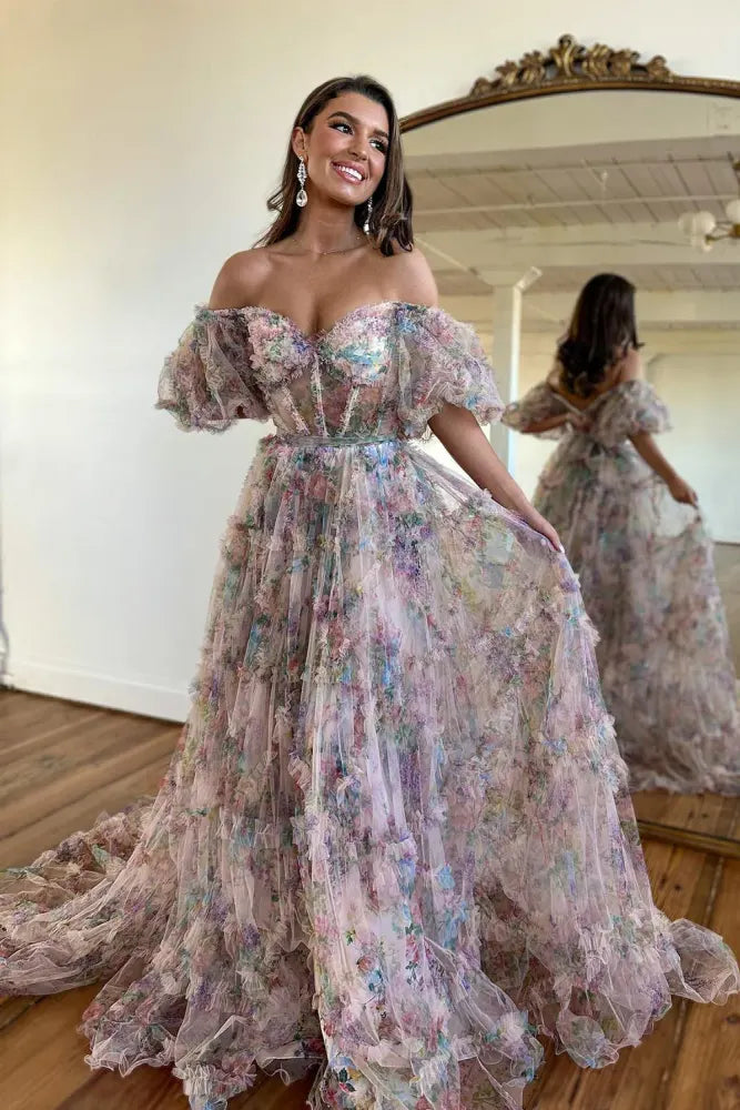 Off-The-Shoulder Long A-Line Print Floral Party Dresses