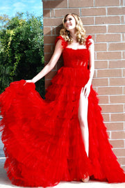 Red Off-The-Shoulder A-Line Tulle Prom Dresses Split Front Ruffles with Sash