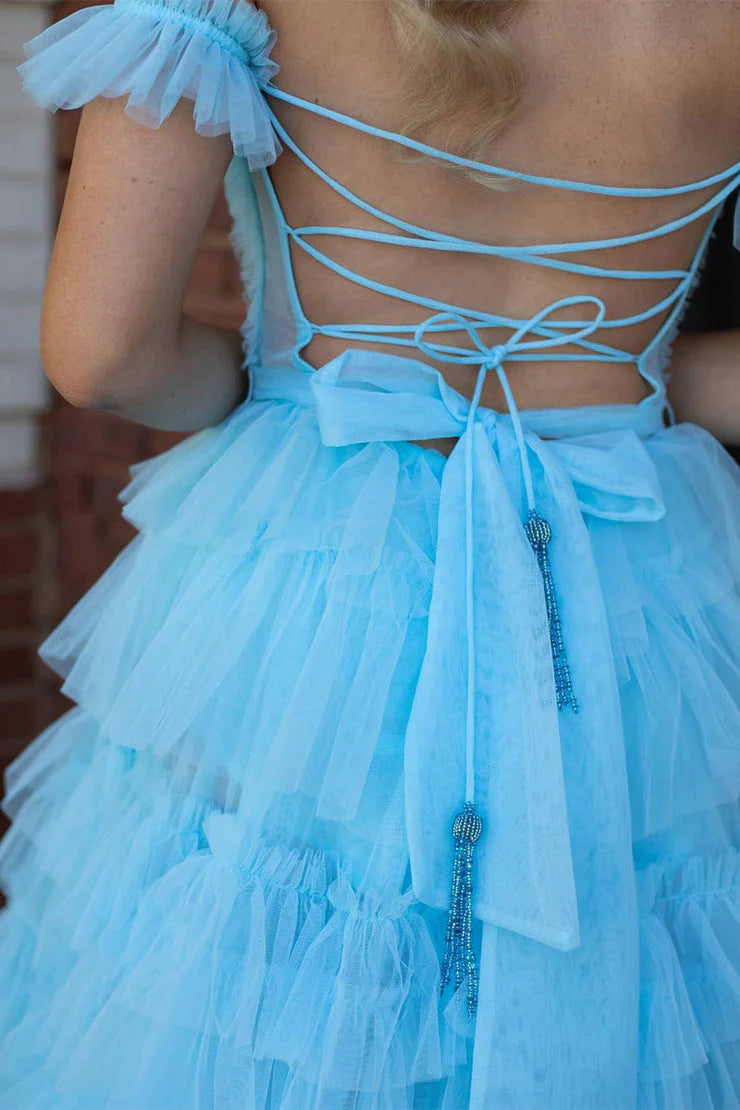 Sky Blue Off-The-Shoulder A-Line Tulle Prom Dresses Split Front Ruffles with Sash