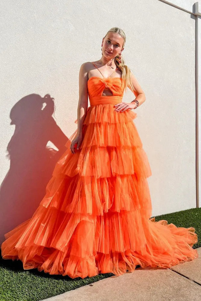 Lovely Orange Tiered A-Line Tulle Prom Party Dresses