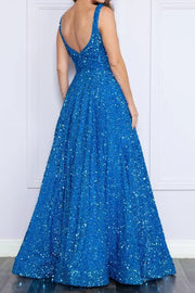 Ocean Blue Luxurious Square Neck Sleeveless Sequined A-Line Prom Dresses