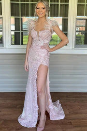 Pink Mermaid Off-The-Shoulder Split Front Prom Dresses with Fur