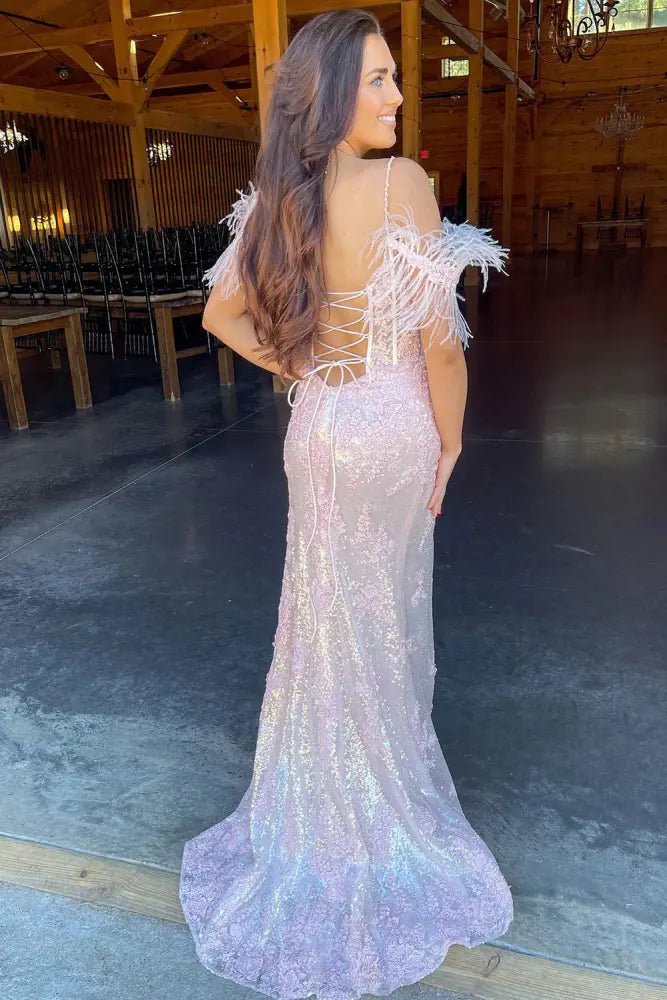Pink Mermaid Off-The-Shoulder Split Front Prom Dresses with Fur