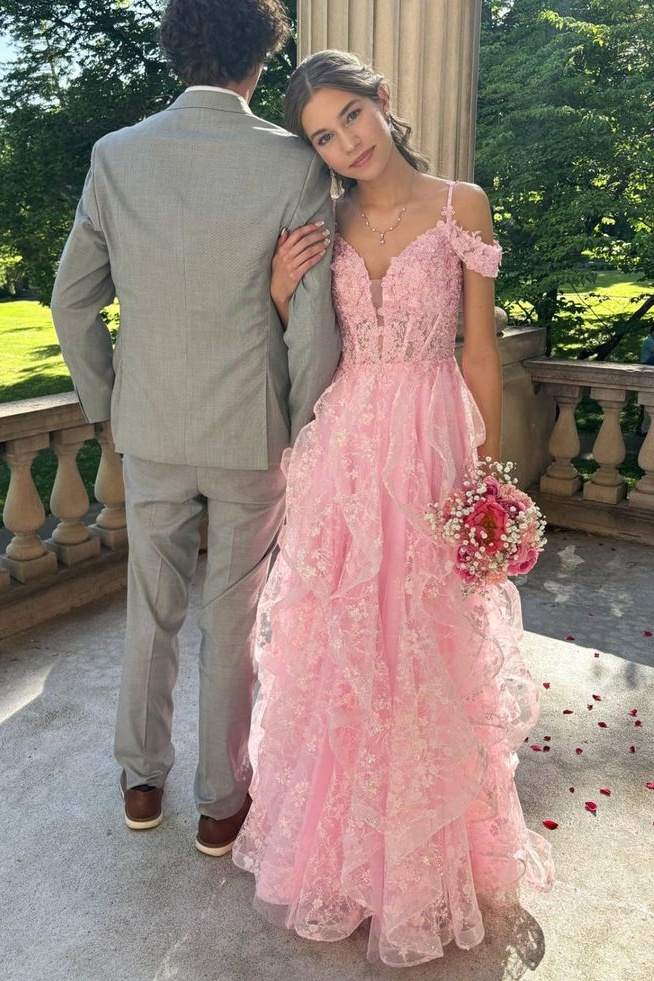 Radiant Pink Off-The-Shoulder Spaghetti Straps Lace Party Dresses