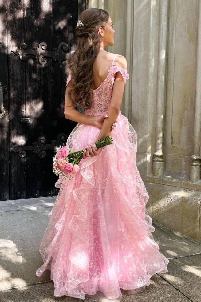 Radiant Pink Off-The-Shoulder Spaghetti Straps Lace Party Dresses