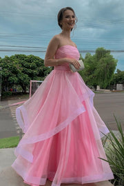 Glamorous Pink Strapless A-Line Tulle Prom Dresses with Cascading Ruffles