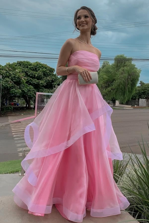 Glamorous Pink Strapless A-Line Tulle Prom Dresses with Cascading Ruffles