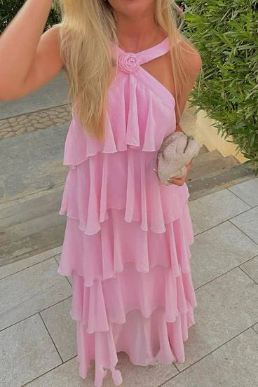 Stunning Pink Tiered Chiffon A-Line Formal Dresses