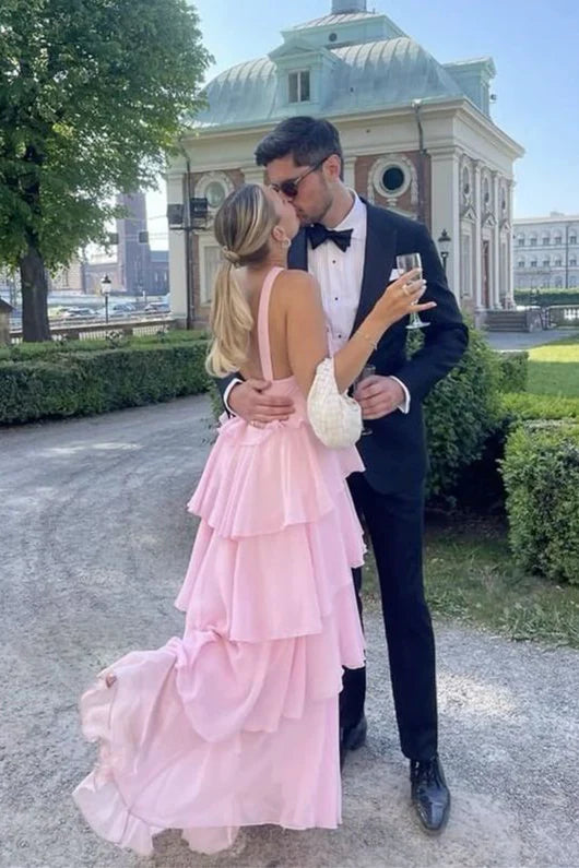 Stunning Pink Tiered Chiffon A-Line Formal Dresses