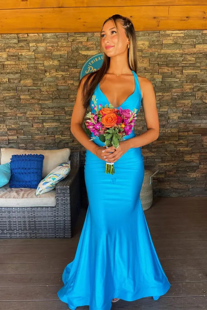 Bold Pool V-Neck Backless Mermaid Satin Prom Formal Dresses