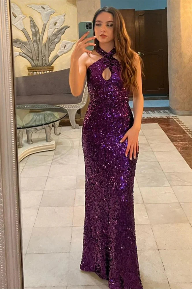 Alluring Purple Halter Mermaid Sequin Prom Dresses