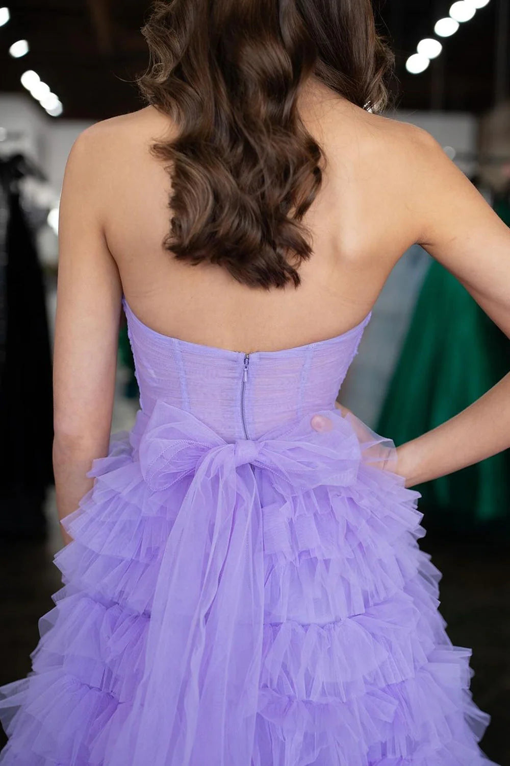 Purple Tiered Strapless A-Line Party Prom Dresses with Slit