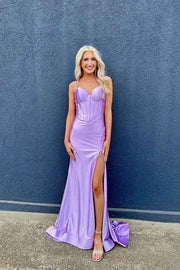 Sophisticated Purple V-Neck Mermaid Satin Long Party Dresses with Slit