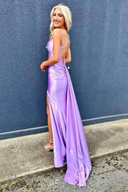 Sophisticated Purple V-Neck Mermaid Satin Long Party Dresses with Slit