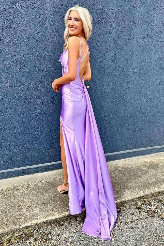 Sophisticated Purple V-Neck Mermaid Satin Long Party Dresses with Slit