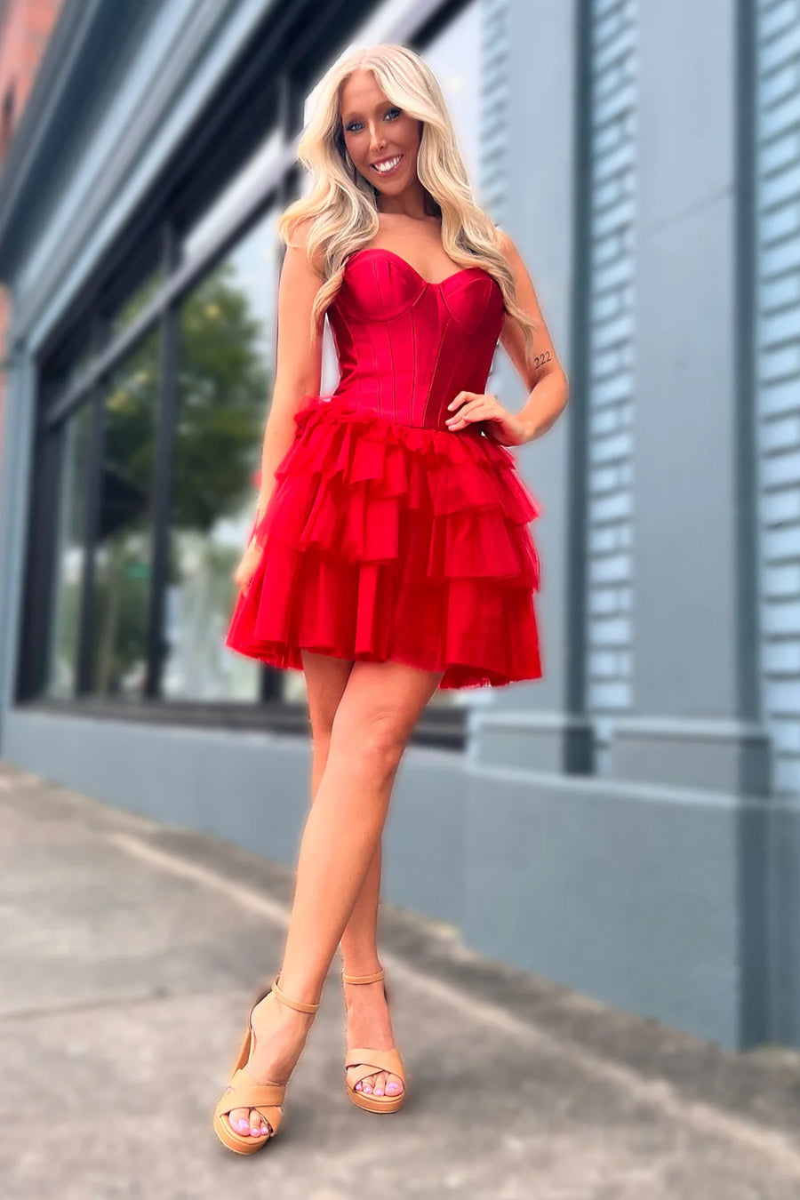 Red Strapless Sweetheart A-Line Ruffles Tulle Homecoming Dresses