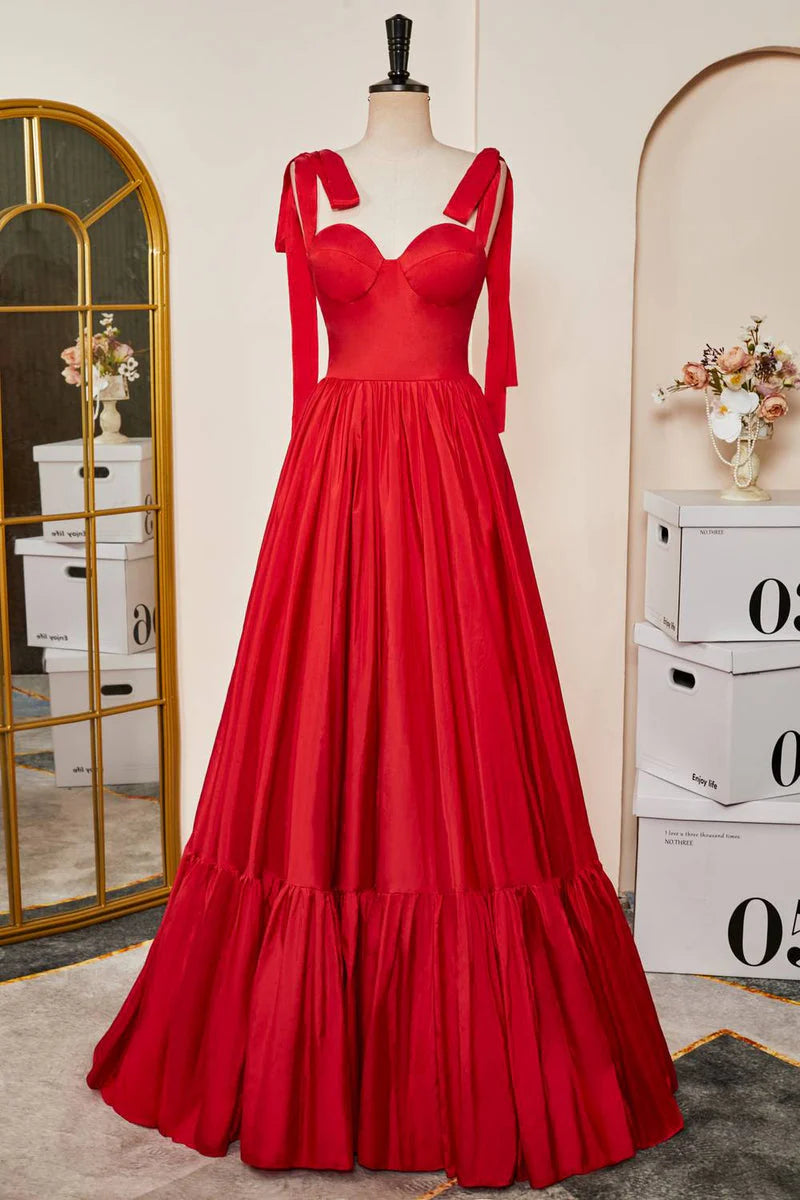 Red Sweetheart Sleeveless Satin Long Formal Dresses A-Line with Open Back