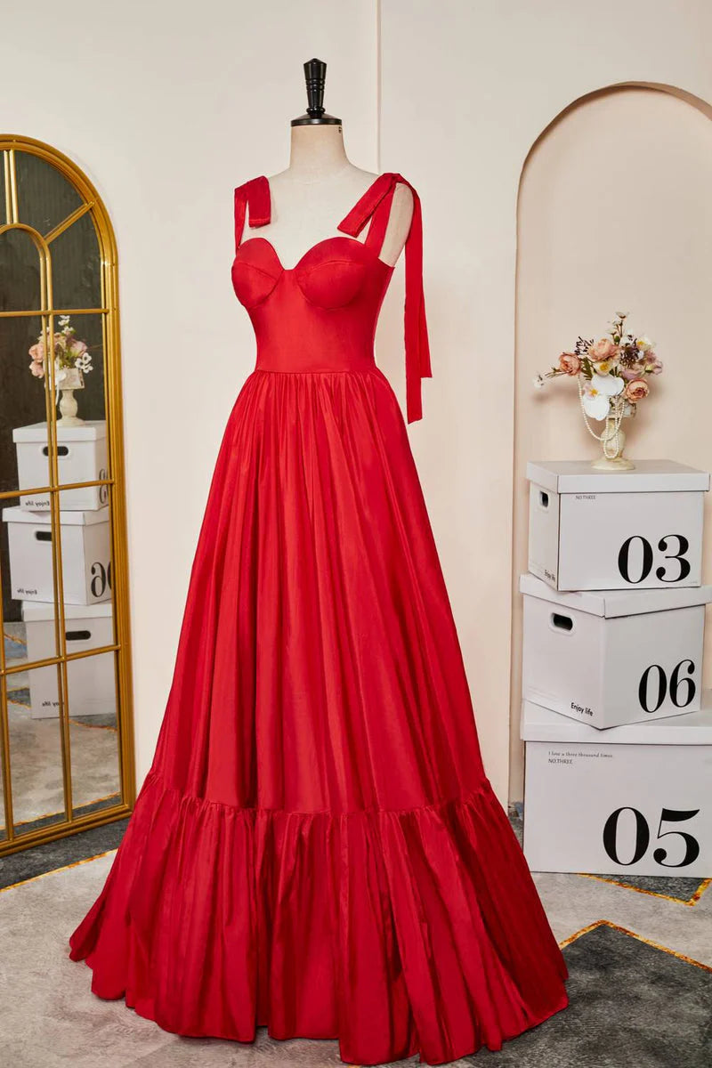 Red Sweetheart Sleeveless Satin Long Formal Dresses A-Line with Open Back