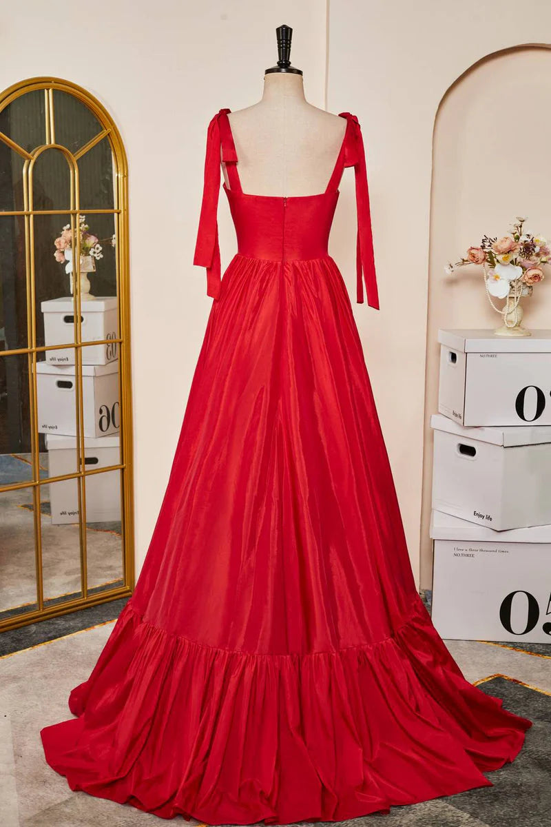 Red Sweetheart Sleeveless Satin Long Formal Dresses A-Line with Open Back