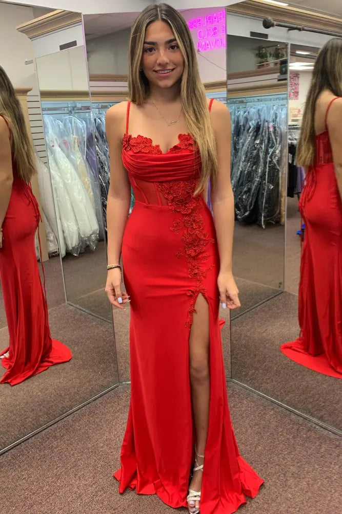 Elegant Red Long Mermaid Satin Sweetheart Prom Dresses with Slit