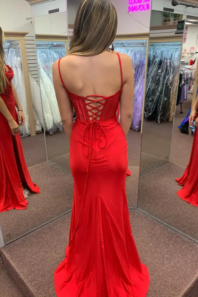 Elegant Red Long Mermaid Satin Sweetheart Prom Dresses with Slit