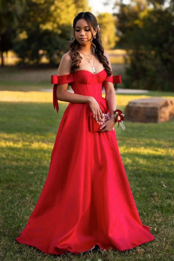 Red Off-The-Shoulder A-Line Satin Evening Dresses
