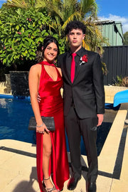 Sexy Red V-Neck Floor-Length Mermaid Satin Prom Dresses with Slit