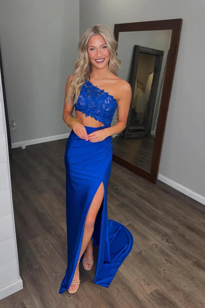 Gorgeous Royal Blue One-Shoulder Mermaid Prom Dresses with Slit