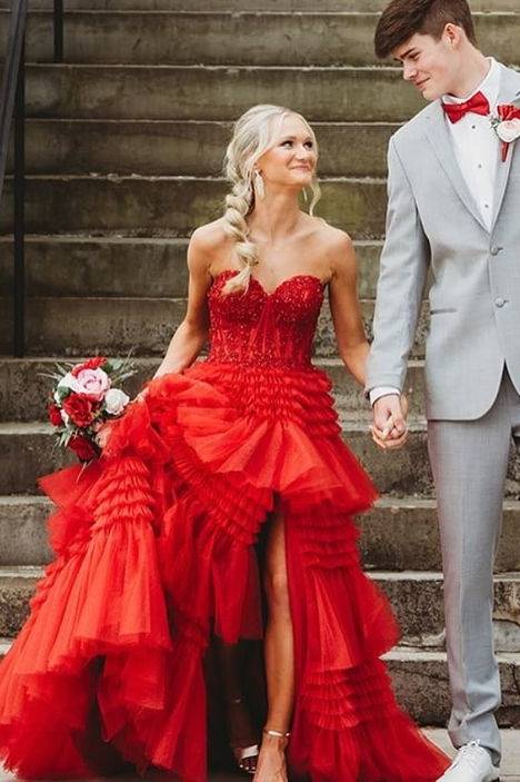 Red Tiered A-Line Strapless Tulle Split Front Prom Dresses