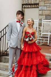 Red Tiered A-Line Strapless Tulle Split Front Prom Dresses