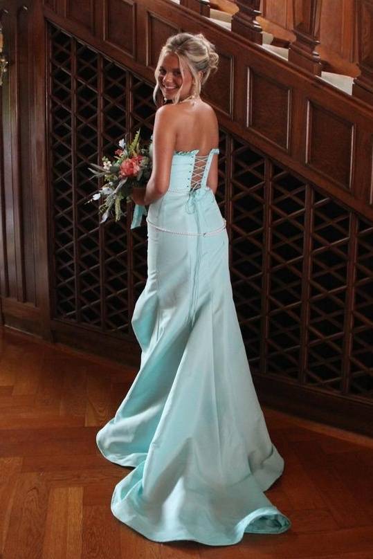 Strapless Mermaid Satin Split Front Long Formal Party Dresses