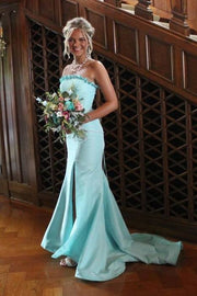 Strapless Mermaid Satin Split Front Long Formal Party Dresses