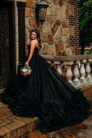 Black Strapless A-Line Tulle Prom Dresses with Appliques