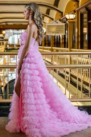 Pink Strapless A-Line Tulle Split Front Long Formal Party Dresses