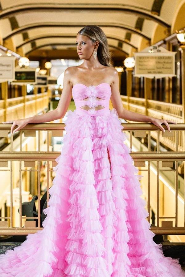 Pink Strapless A-Line Tulle Split Front Long Formal Party Dresses