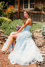 Sky Blue Strapless A-Line Tiered Sequined Tulle Prom Dresses