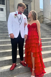 Red Tiered Chiffon Strapless A-Line Prom Dresses with Slit