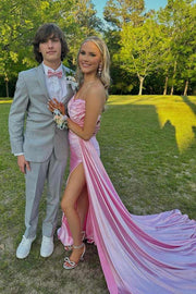 Pink V-Neck Strapless Mermaid Satin Prom Dresses with Slit