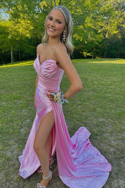 Pink V-Neck Strapless Mermaid Satin Prom Dresses with Slit