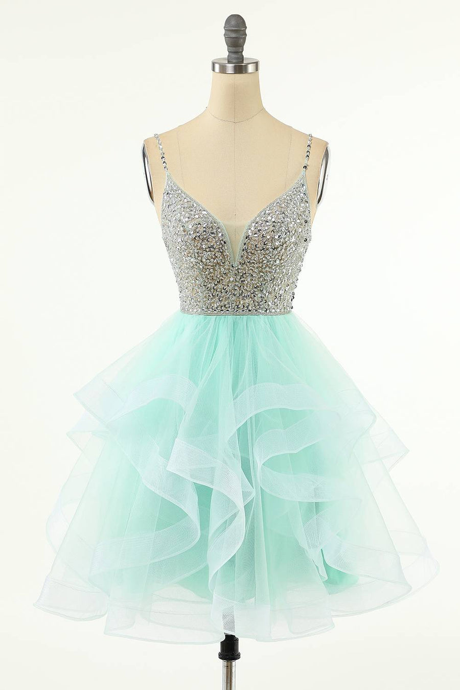 Mint Green V-Neck Sequined A-Line Short Homecoming Dresses