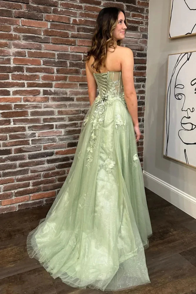 Exquisite Sage Sweetheart A-Line Tulle Party Dresses with Slit