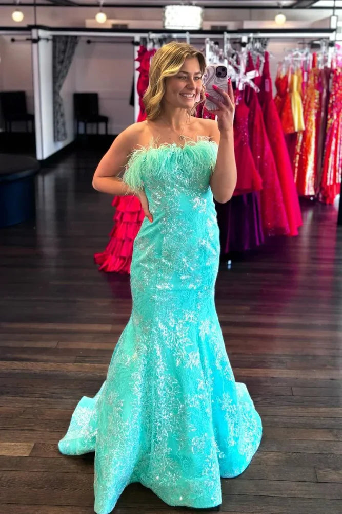 Dazzling Sequined Strapless Mermaid Long Party Dresses with Fur