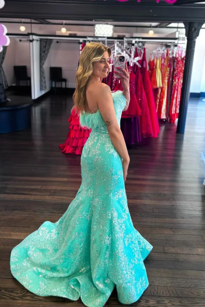 Dazzling Sequined Strapless Mermaid Long Party Dresses with Fur