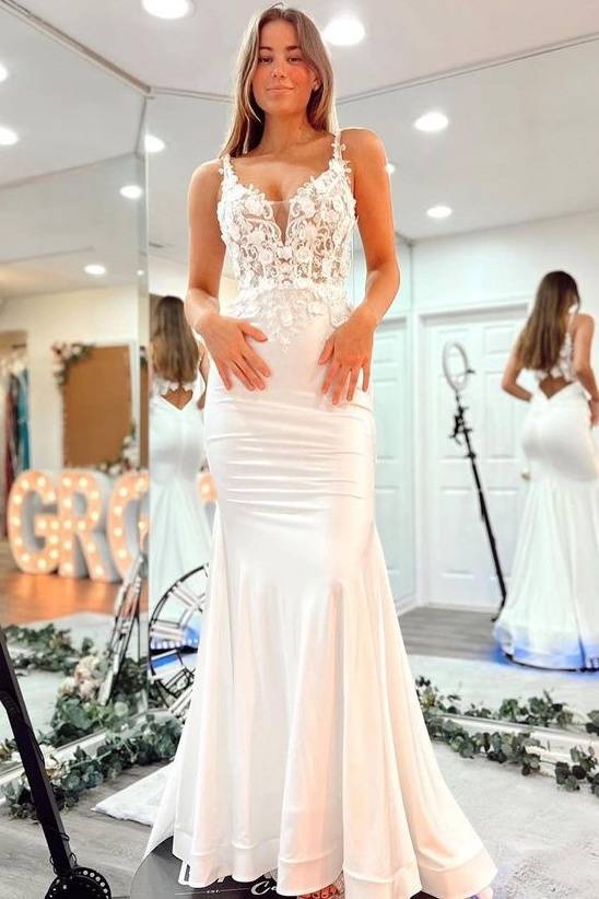 Sexy Mermaid Spaghetti Straps V-Neck Sleeveless Satin Lace Wedding Dresses